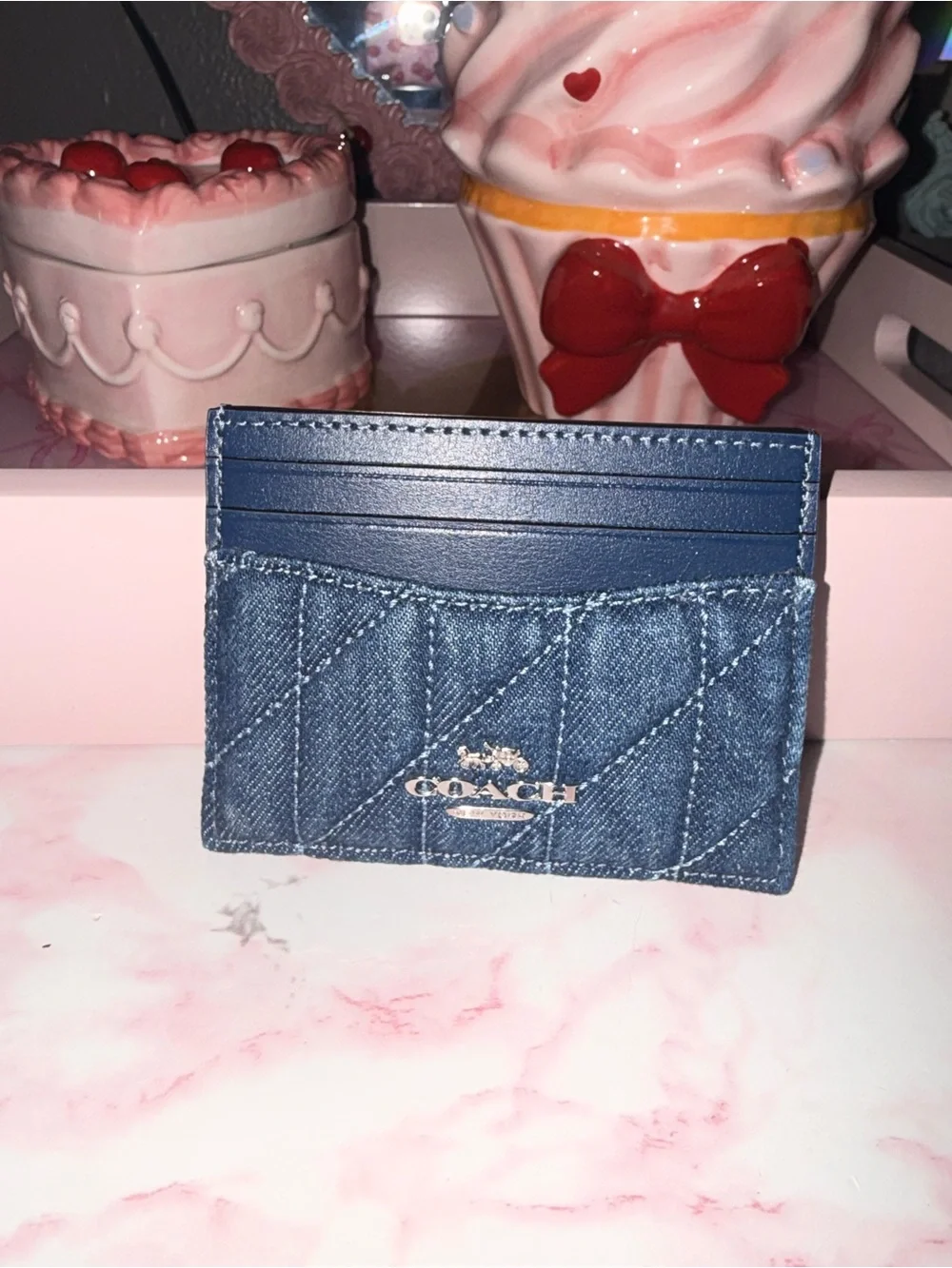 Coach Quilted Denim Card Case in Blue with Navy Trim